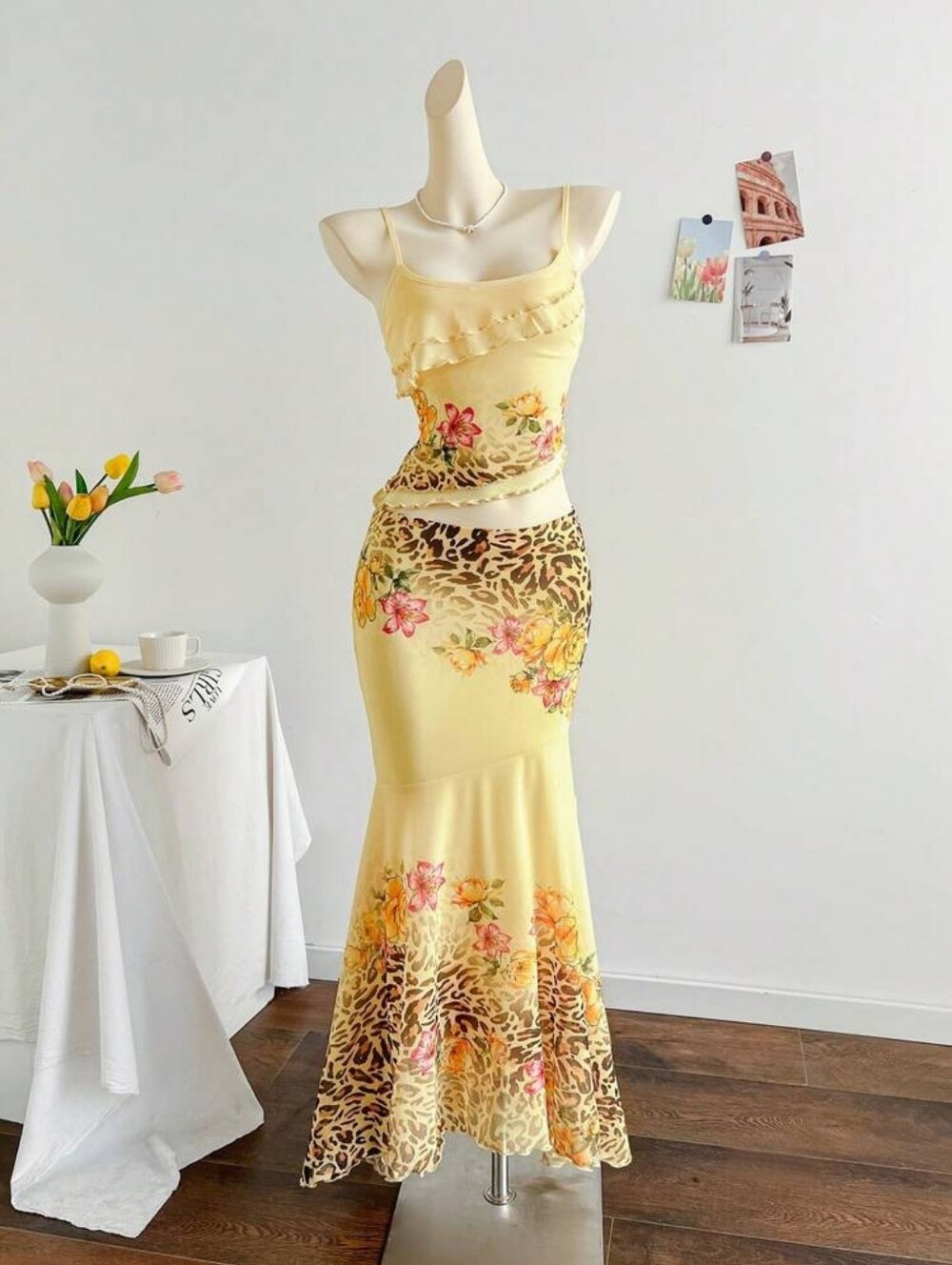 SHEIN Yellow Floral & Leopard Satin Camisole and Skirt Set